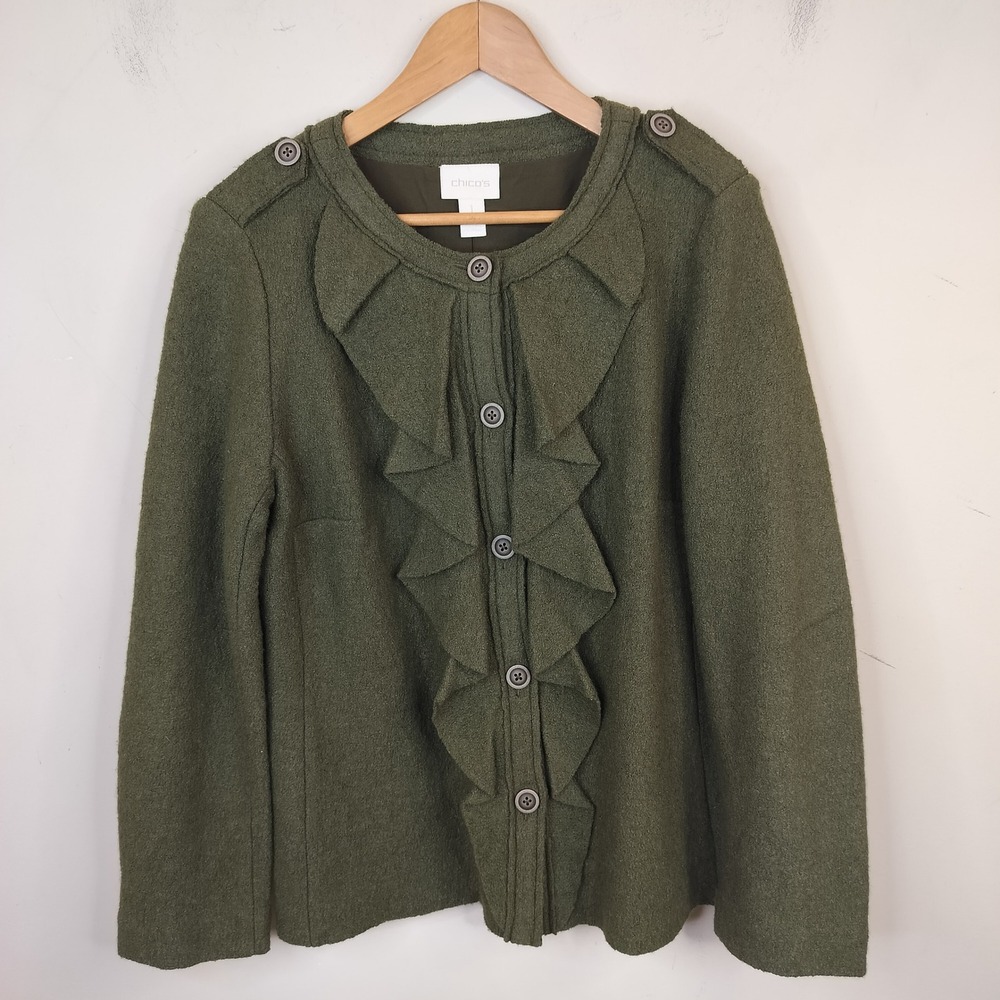 Chico's Ruffled Wool Blend Jacket 1 / Medium Full Zip Olive Green